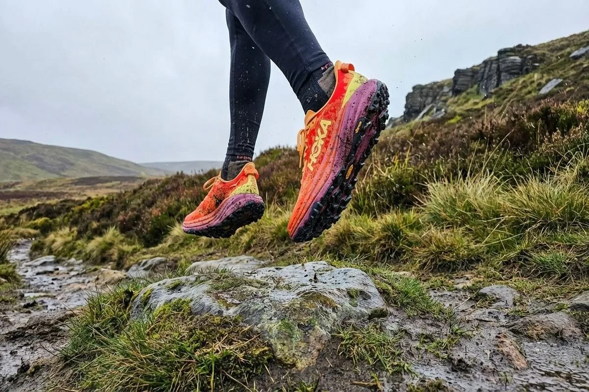 HOKA Speedgoat 6 trail action on Pennine fell path