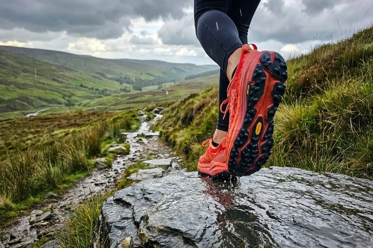 HOKA Speedgoat 6 on steep wet descent, Lake District